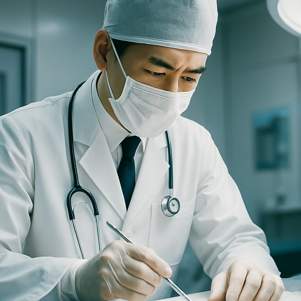 白衣とマスクを着用し、手術や処置に集中する男性医師。首には聴診器を掛けている。