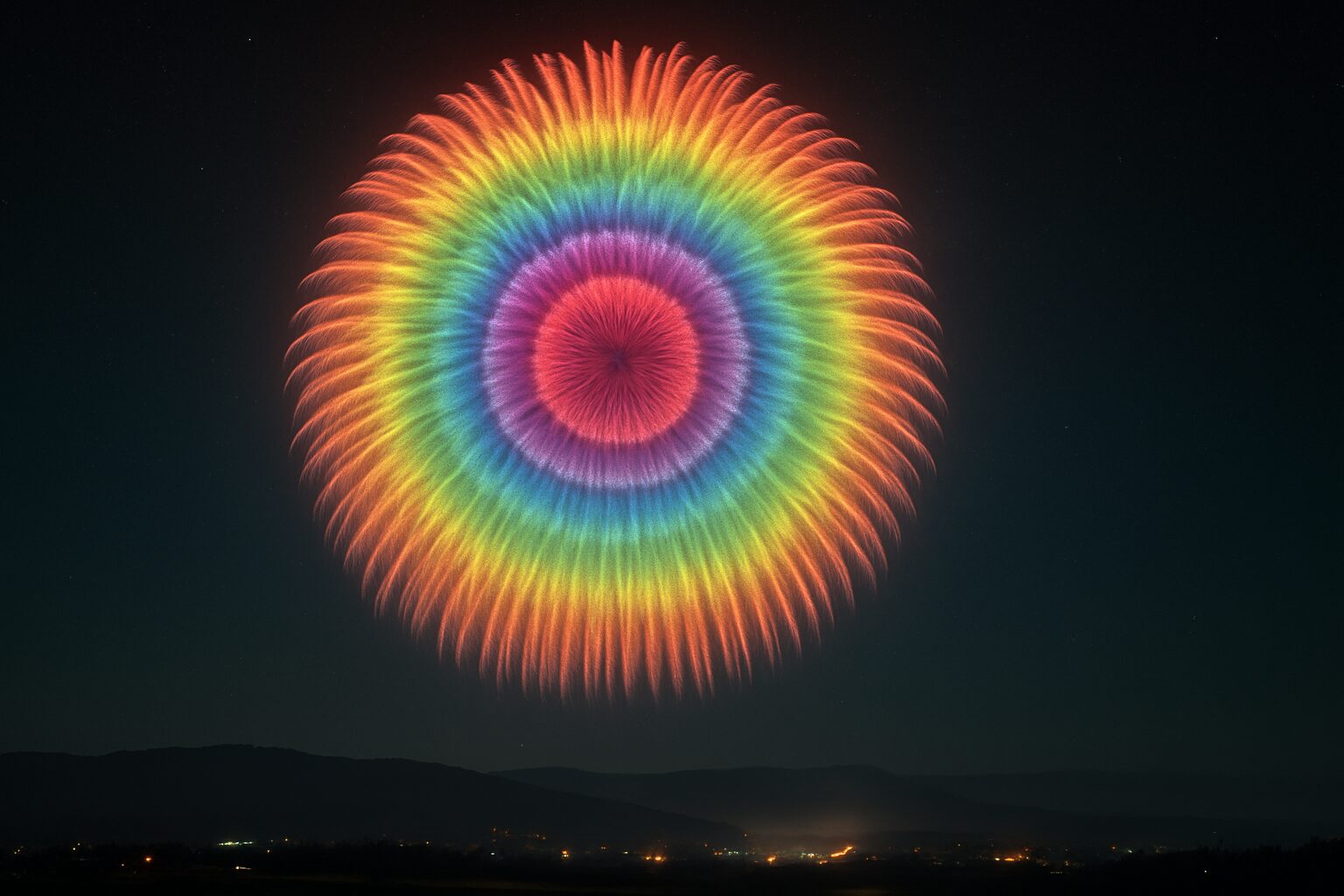 夜空に広がる七色の巨大な同心円状の花火が、鮮やかに輝いている様子。