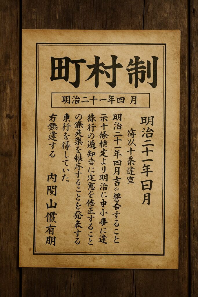 明治二十一年四月の日付が記された、町村制公布を知らせる古い日本の布告文書。木の板に貼られており、縦書きの漢字で細かい条文が記されている。