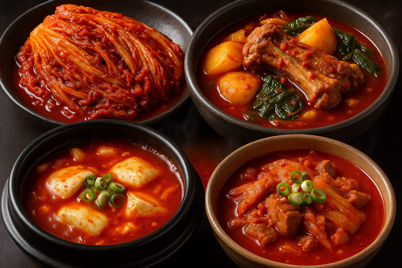 唐辛子で赤く染まった韓国料理のキムチや鍋料理が並ぶ。濃い赤いスープや香辛料が際立ち、韓国料理特有の辛さと色彩が伝わる。