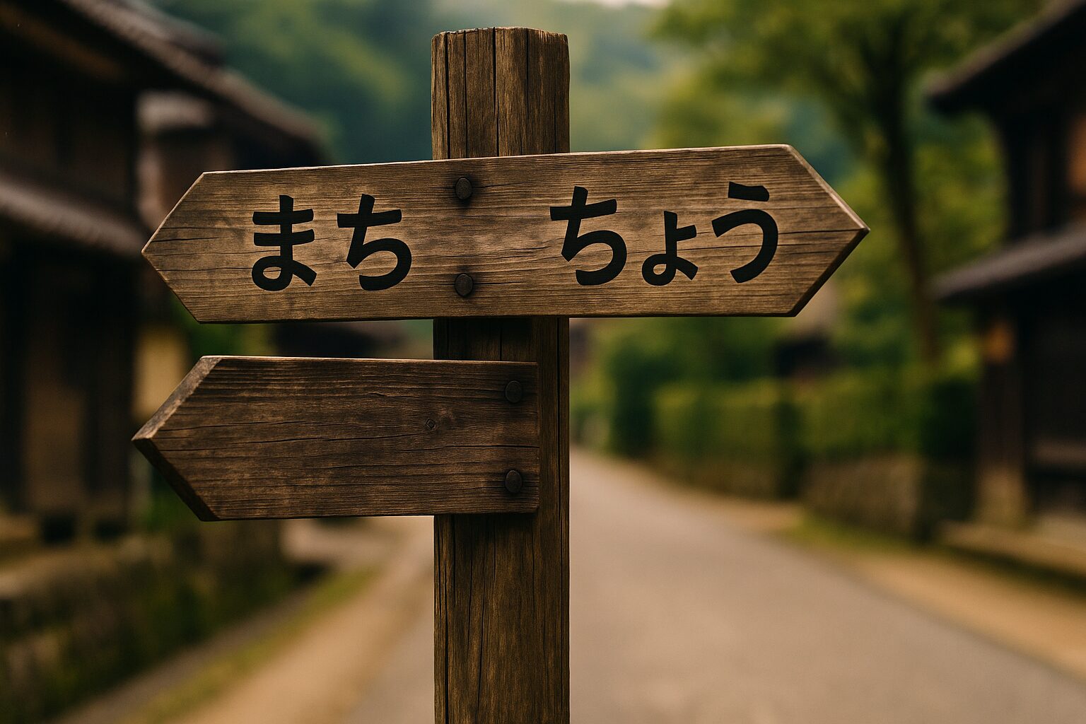 木製の道標が「まち」と「ちょう」の方向を示して立つ、古い街道の風景