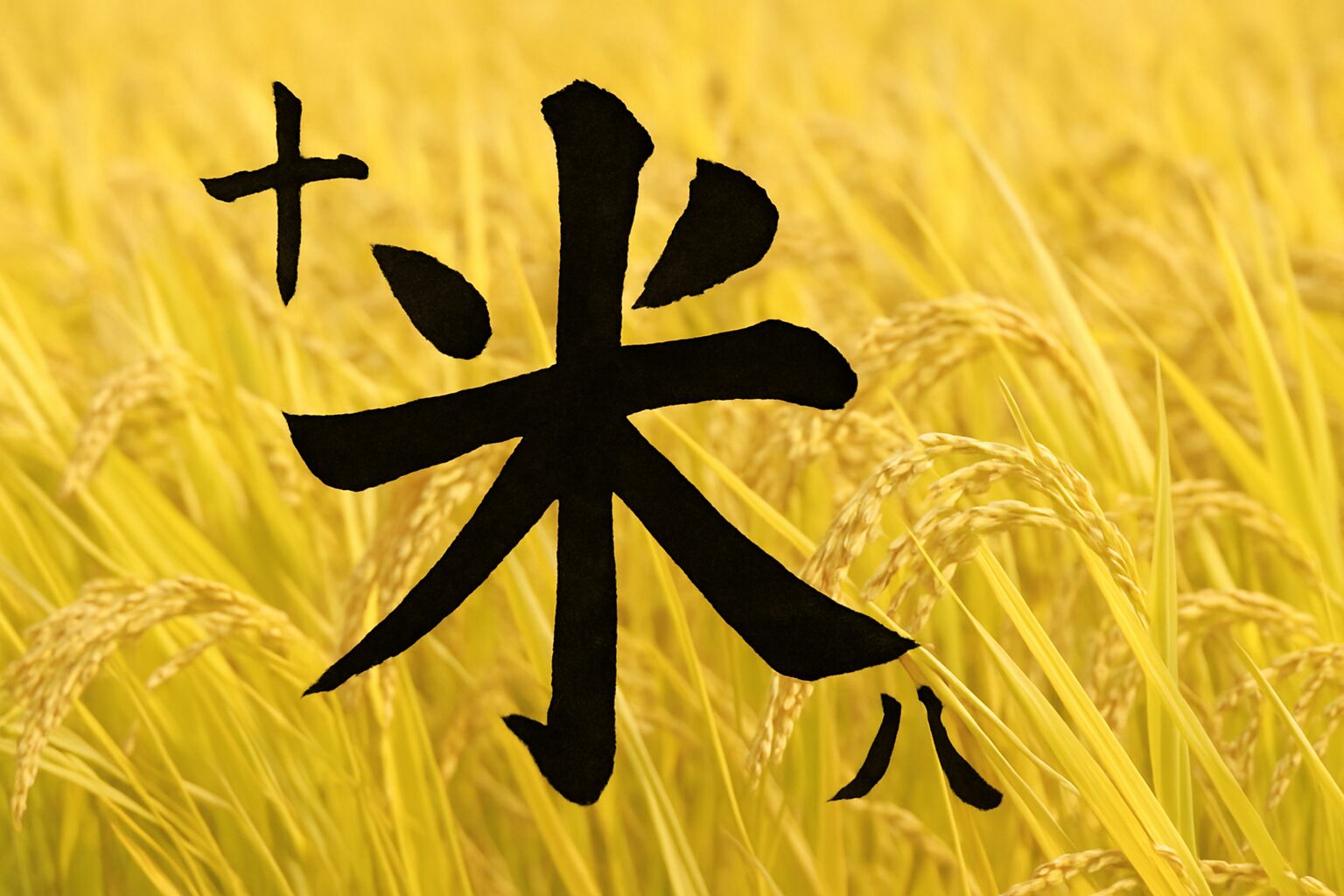 黄金色の稲穂の田んぼを背景に「米」という漢字が大きく表示された画像