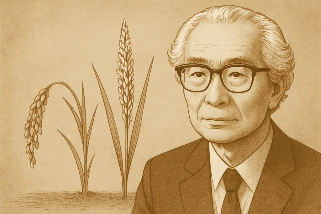 福井県農業試験場の石墨慶一郎氏の肖像イラストと、背景に描かれた稲穂のスケッチ
