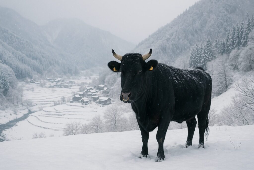 雪に覆われた但馬の山里を背景に、雪をまとった黒毛和牛が立っている。