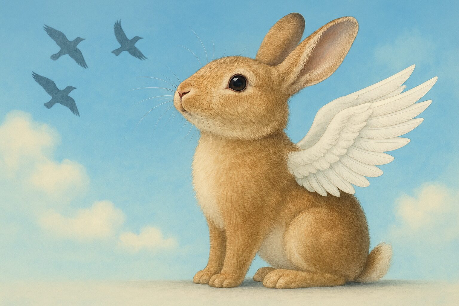 羽を生やした茶色いウサギが青空を見上げ、背景に鳥が飛んでいるイラスト