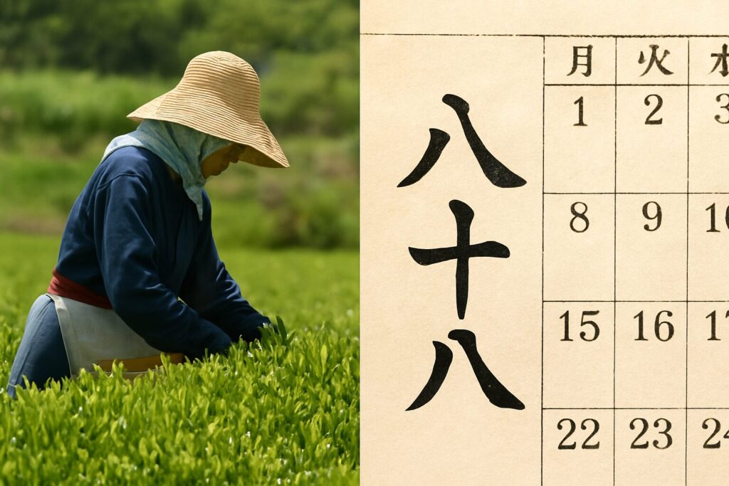 茶畑で作業をする農家の女性と八十八夜の暦を示した画像