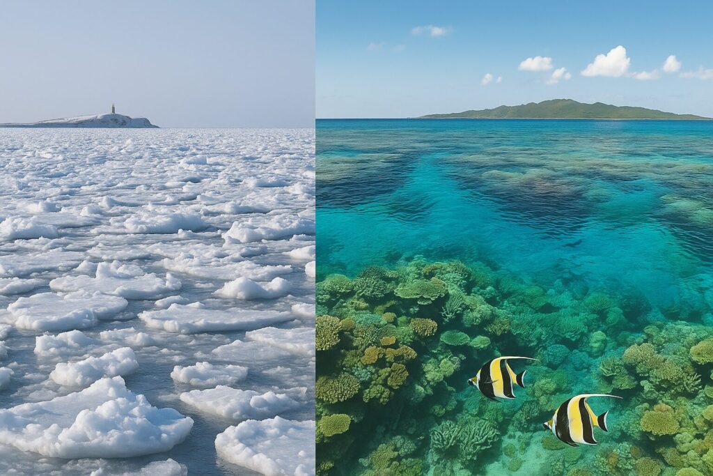 北海道・宗谷岬の流氷と沖縄・与那国島のサンゴ礁を並べた写真。日本列島の気候差を象徴している。