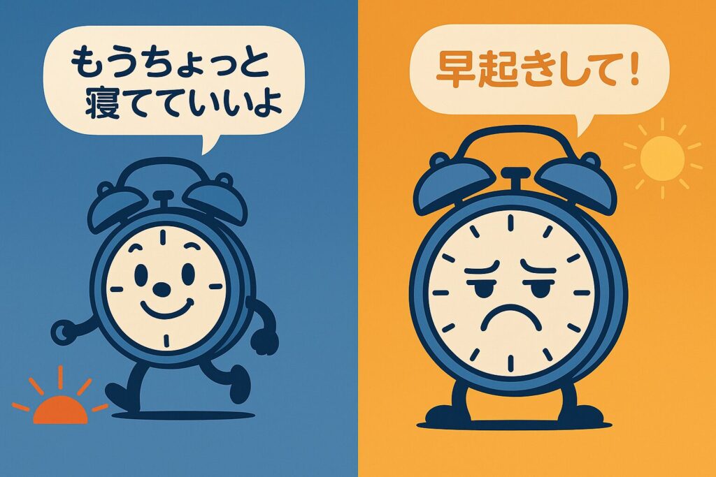 笑顔で「もうちょっと寝てていいよ」と話す青背景の時計と、困り顔で「早起きして！」と言うオレンジ背景の時計のイラスト