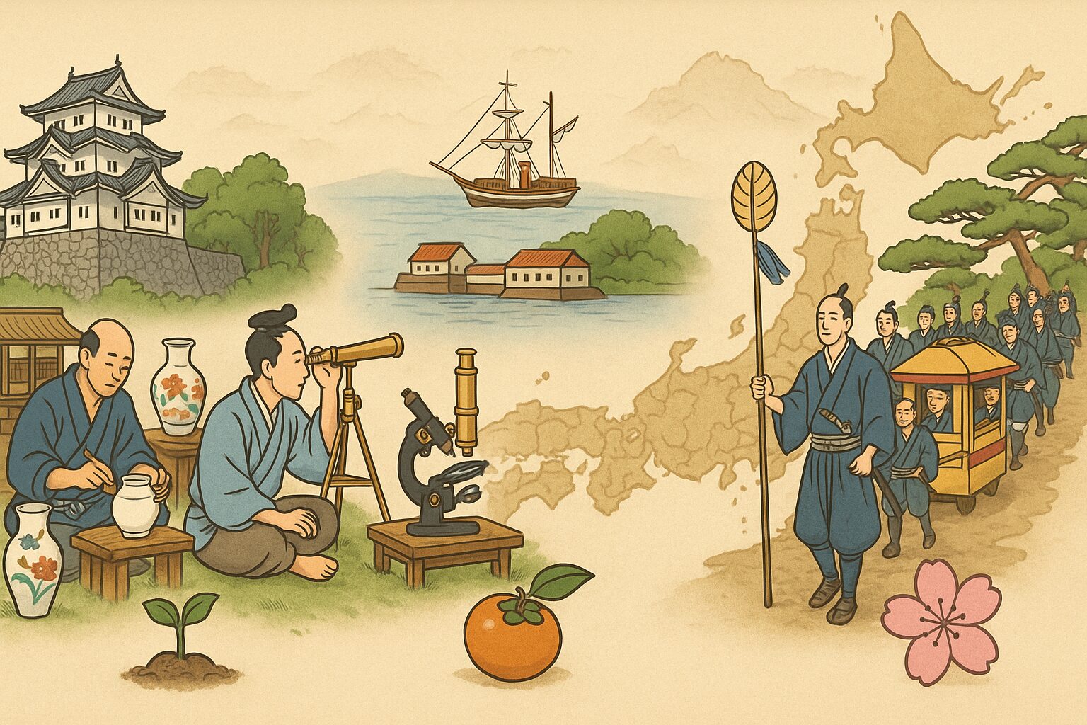 江戸時代の城下町、出島の蘭学者、大名行列を描いた日本地図背景のイラスト。幕藩体制・鎖国・参勤交代を象徴。