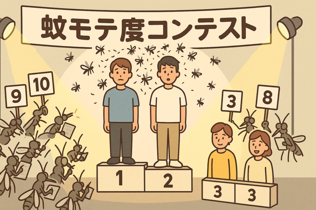 表彰台に立つ3人と蚊の審査員団のイラスト。1位の人は多数の蚊に囲まれ、2位・3位は徐々に蚊が減少。蚊の審査員がメモを取ったり点数カードを掲げたりしている。看板に「蚊モテ度コンテスト」