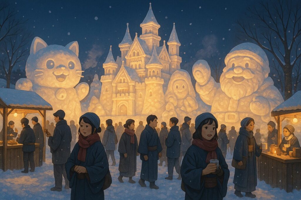 夜の雪まつりの会場で、大きな雪の城やキャラクターの雪像がライトアップされ、来場者が屋台で温かい飲み物や食べ物を楽しんでいるイラスト。