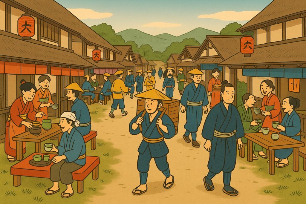 江戸時代の宿場町を描いたイラスト。茶屋や旅籠の前で旅人や町人が交流し、活気ある往来が広がっている。