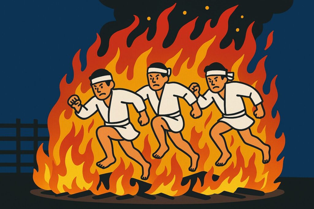 白装束の男性たちが燃え盛る炎の中を走り抜けているイラスト。日本の火祭りの様子を表現している。
