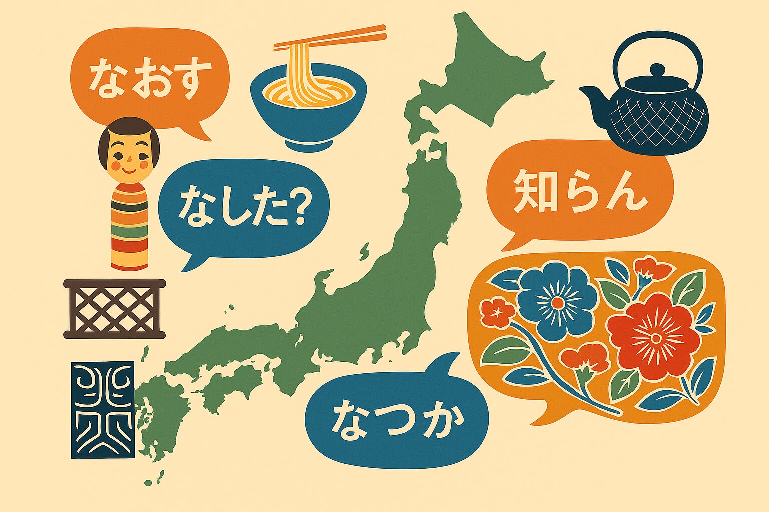 日本地図を背景に、各地の方言と郷土文化を吹き出しで描いたイラスト。「なおす」「なした？」「知らん」「なつか」の方言と、こけし、うどん、急須、紅型文様などが配置されている。