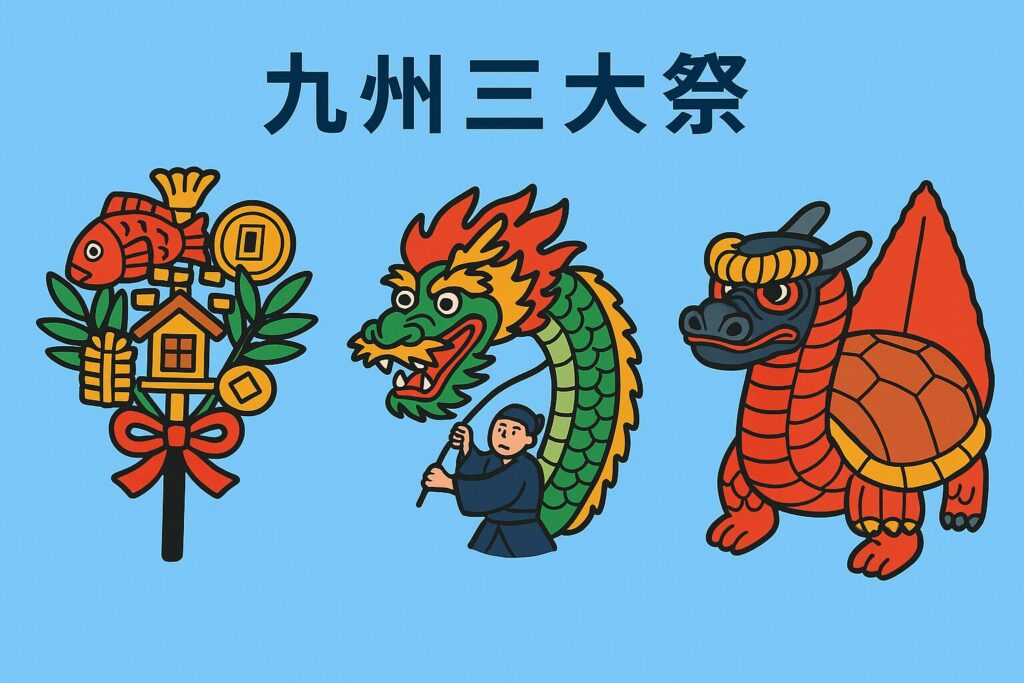 筥崎宮放生会の縁起物、長崎くんちの龍踊り、八代妙見祭の亀蛇を描いた「九州三大祭」のイラスト。