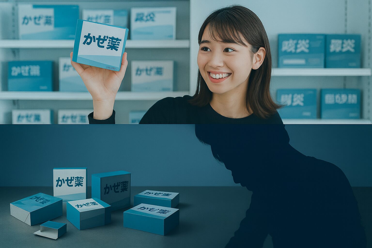 明るく笑顔で風邪薬を手に取る女性と、暗い影の中でうつむく人物の対比構図