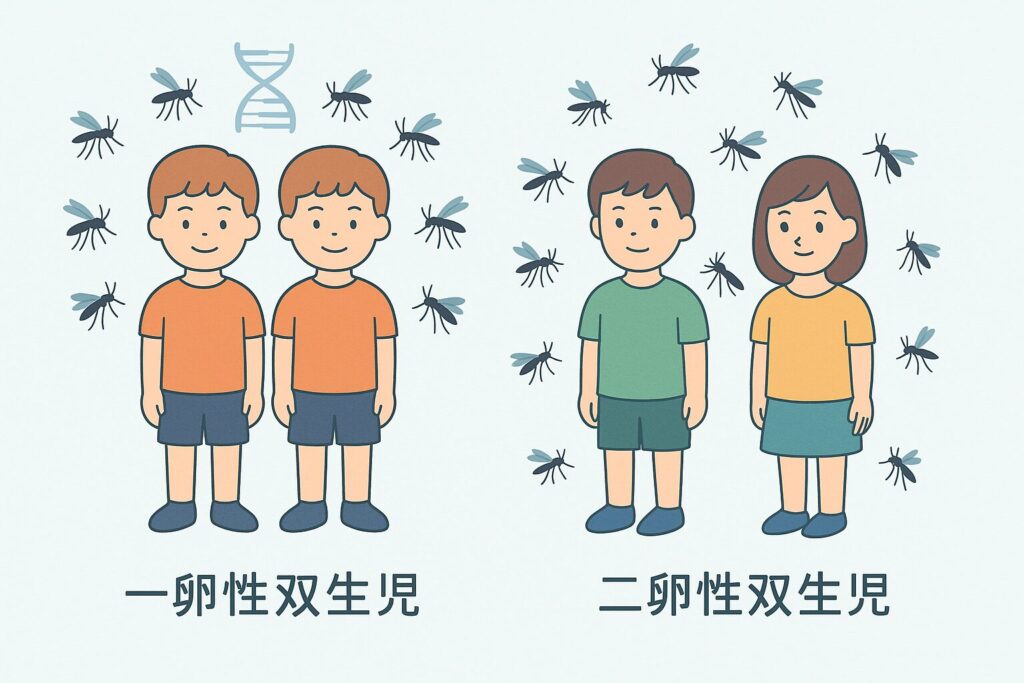 左側に一卵性双生児の男の子2人が同じ数の蚊(各10匹程度)に囲まれ、右側に二卵性双生児の男の子と女の子が異なる数の蚊(男の子6匹、女の子3匹程度)に囲まれているイラスト。一卵性双生児の上にDNAらせんマークが表示されている