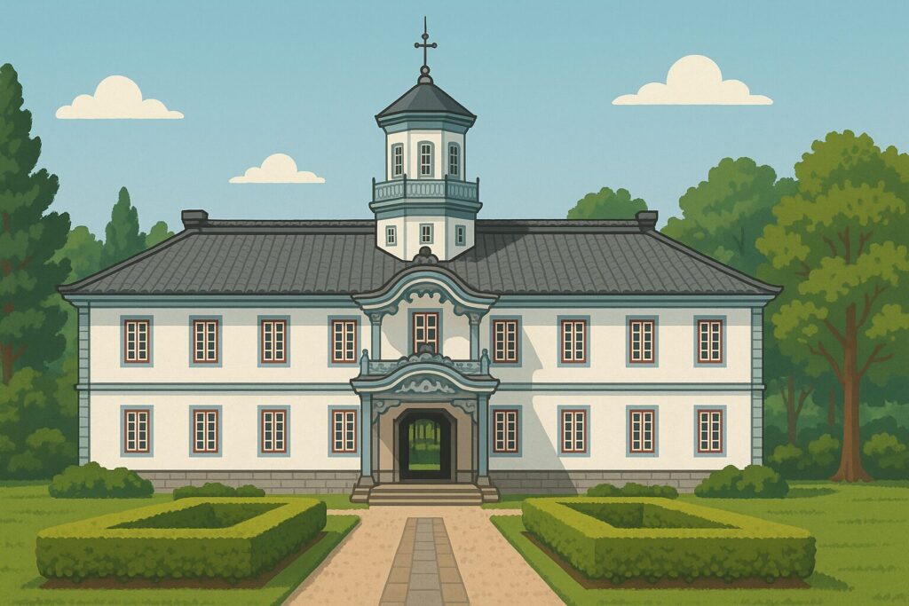 明治時代に建てられた旧開智学校の擬洋風建築を描いたイラスト