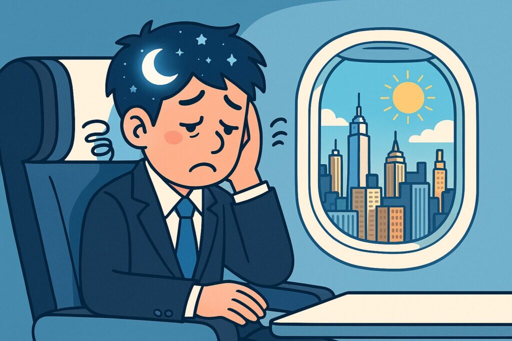 東回りフライトで時差ボケに苦しむ男性のイラスト。朝日に向かって飛ぶ飛行機と不機嫌そうな表情の男性が描かれている。