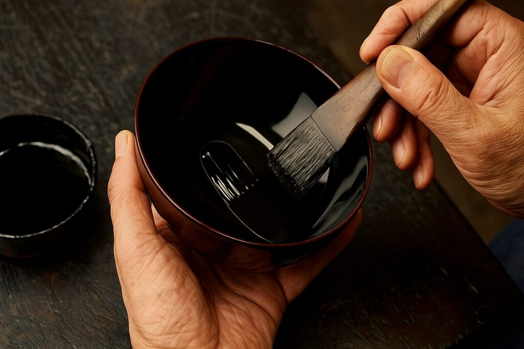職人が漆器の椀に漆を丁寧に塗り重ねる様子を捉えた写真