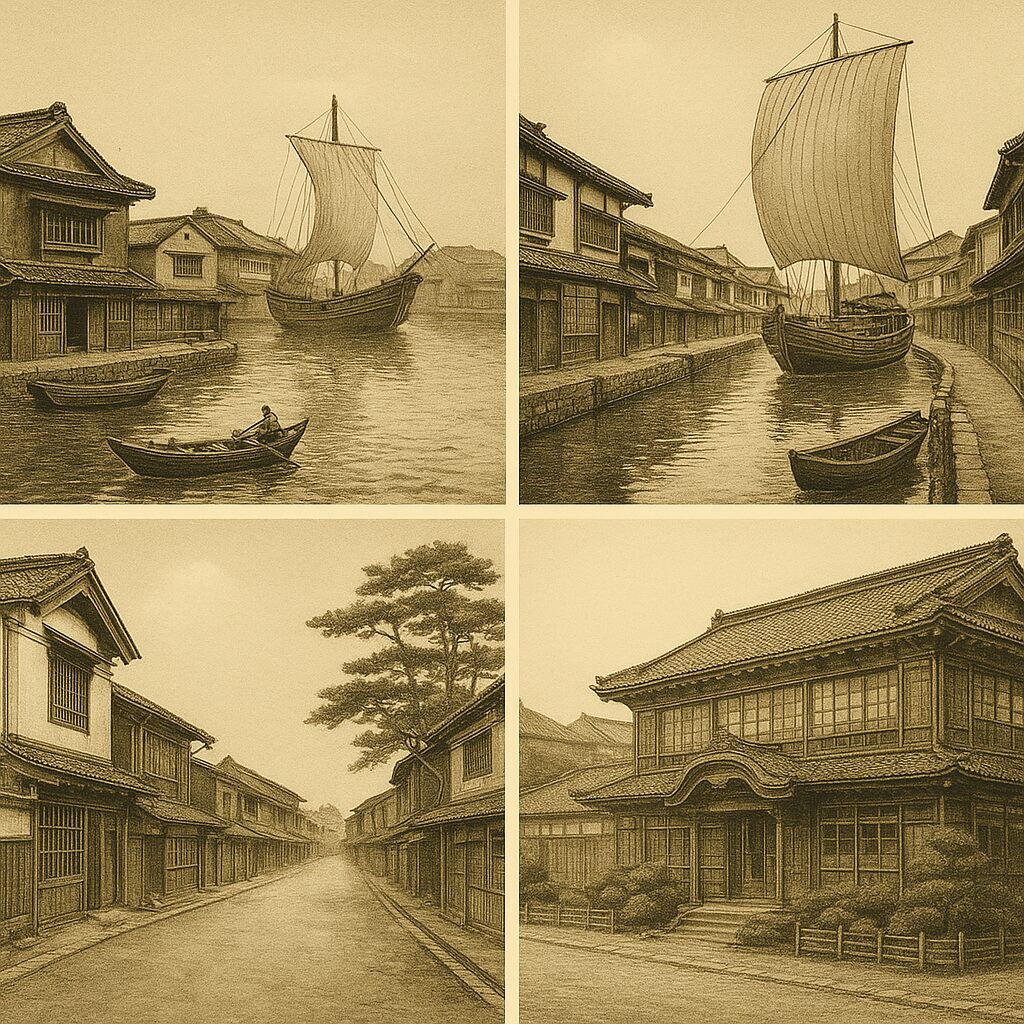 北前船が寄港する港町の風景と、船主屋敷や街並みを描いたレトロ調写真風イラスト