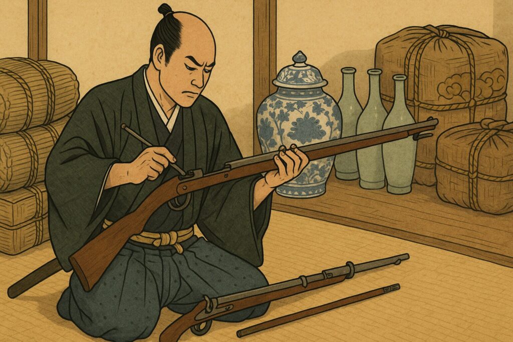 薩摩の武士が鉄砲を分解して手入れをする様子。背後には陶磁器や荷物が並ぶイラスト