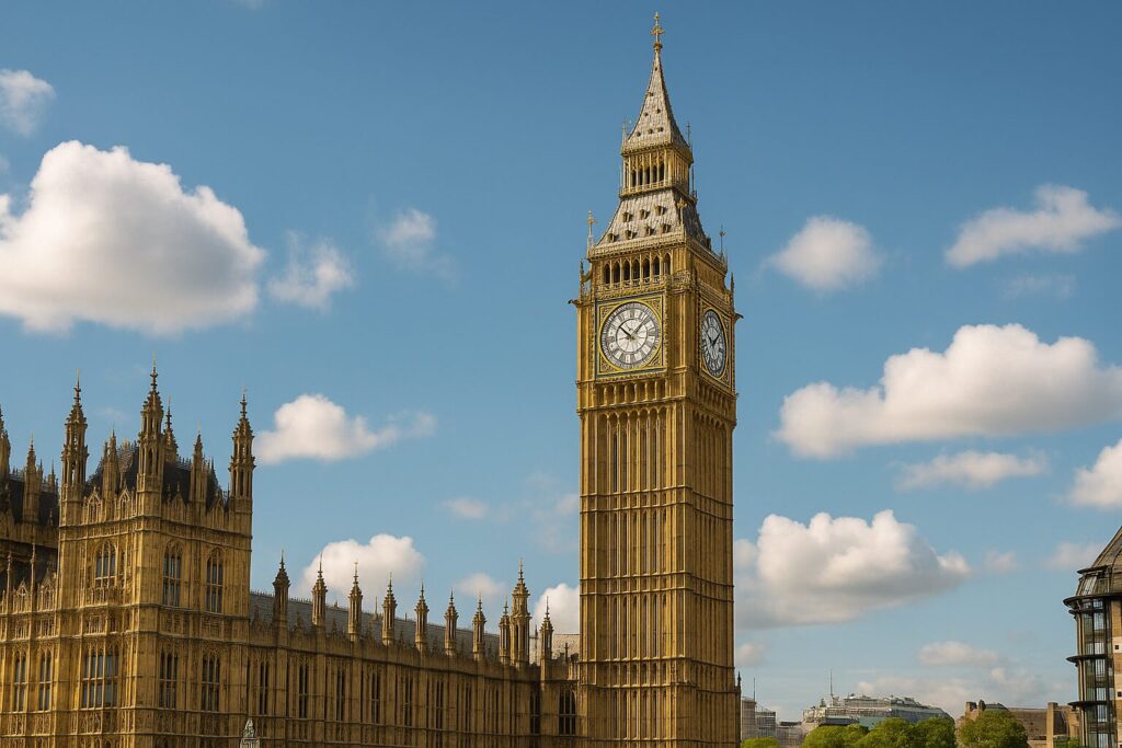 青空の下にそびえるロンドンの時計塔ビッグベンとウェストミンスター宮殿の全景