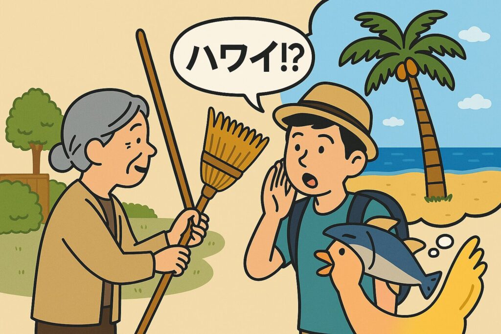 おばあさんが庭でホウキを手渡し「庭をはわいといて」と頼み、若者が「ハワイ!?」と驚き、頭の中にヤシの木のビーチが浮かんでいるコミカルなイラスト。