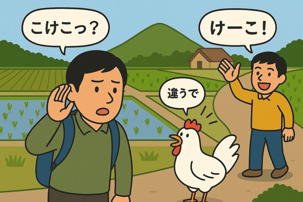 農村風景の中で旅人が「こけこっ?」と耳を澄ませ、鶏が「違うで」とツッコミ、人が「けーこ!」と呼んでいる様子を描いたコミカルなイラスト。