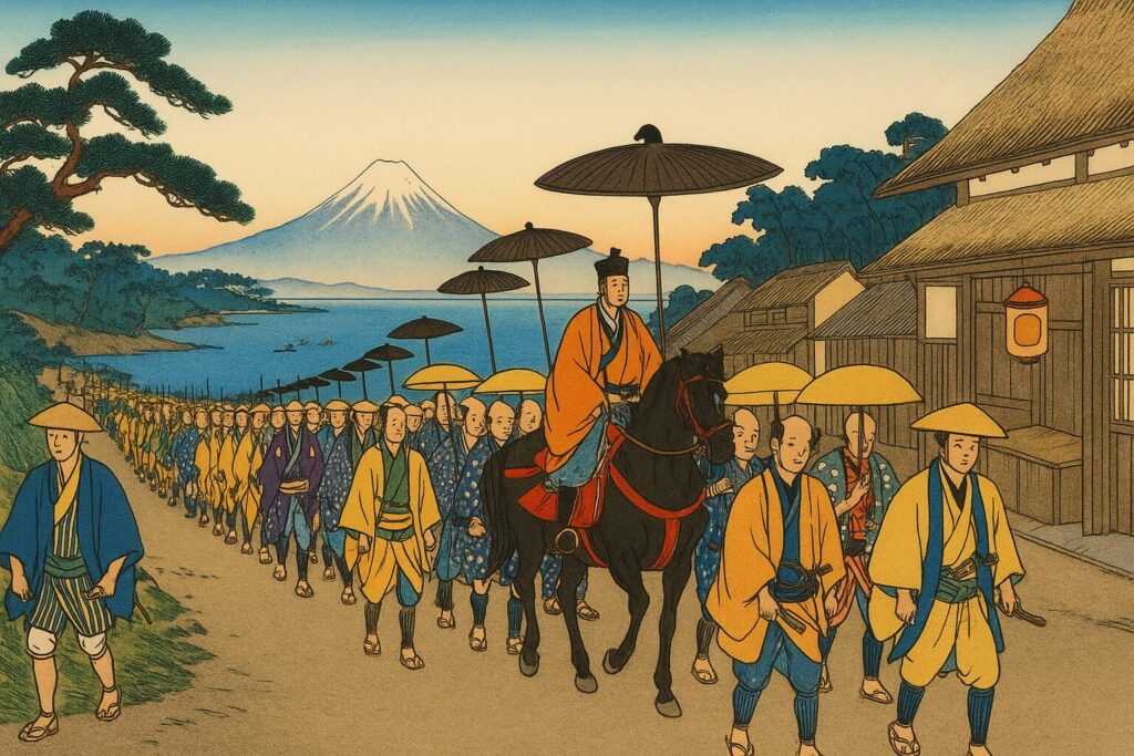 江戸時代の大名行列を描いた浮世絵風の絵。富士山を背景に、多数の家臣を従えた藩主が馬に乗って進む姿が描かれている。参勤交代を象徴。