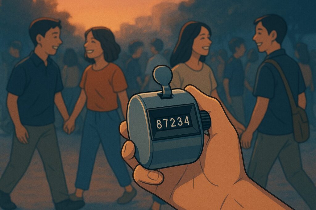 手にカウンターを持つ人物と、背後で楽しげにすれ違う人々のイラスト