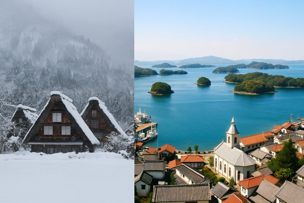 雪に覆われた白川郷の合掌造りと、瀬戸内海の多島美と港町の景観。山の隔絶と海の開放性を象徴している。