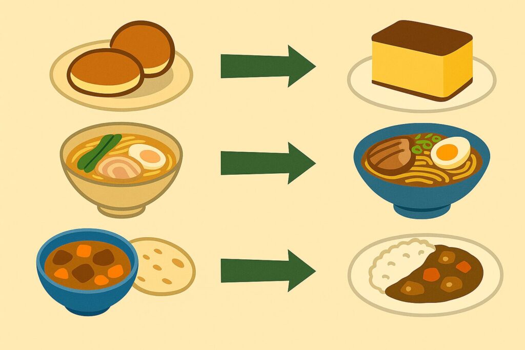カステラ、ラーメン、カレーが日本に伝来して独自に進化する様子を3段構成で描いたイラスト。