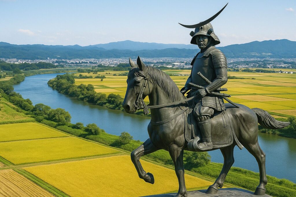 伊達政宗の騎馬像と、北上川が流れる仙台平野に広がる黄金色の稲穂の風景。仙台藩が米どころとして発展した象徴的な景観。
