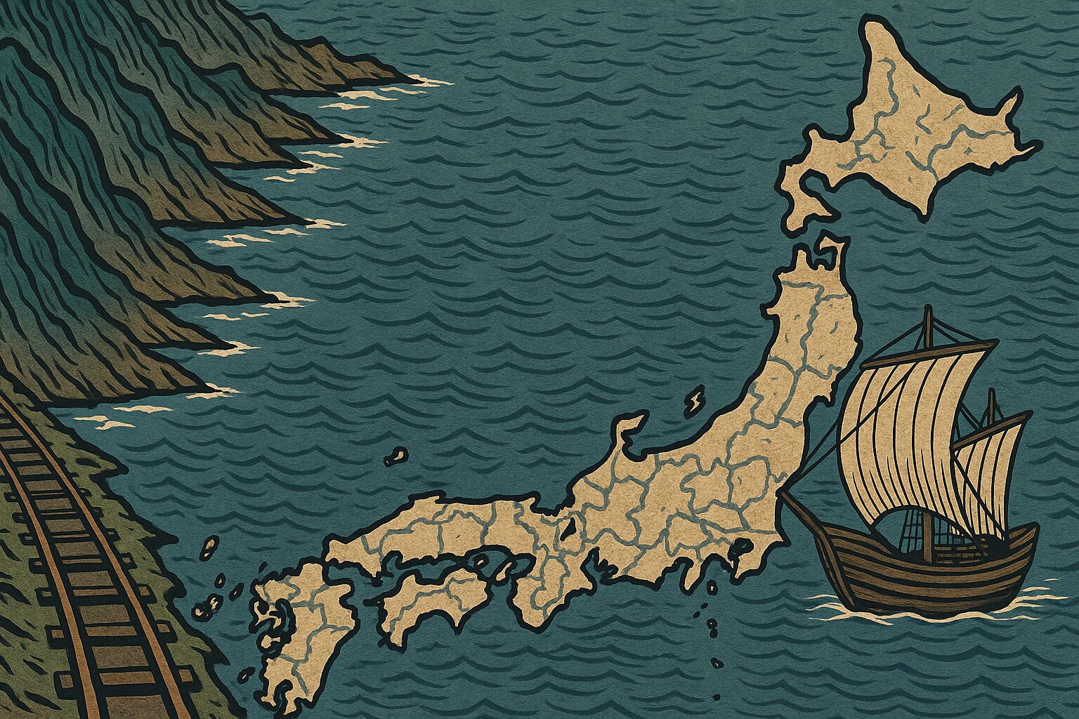 日本列島の地図と北前船、海岸線の山並みと鉄道を描いた浮世絵風イラスト