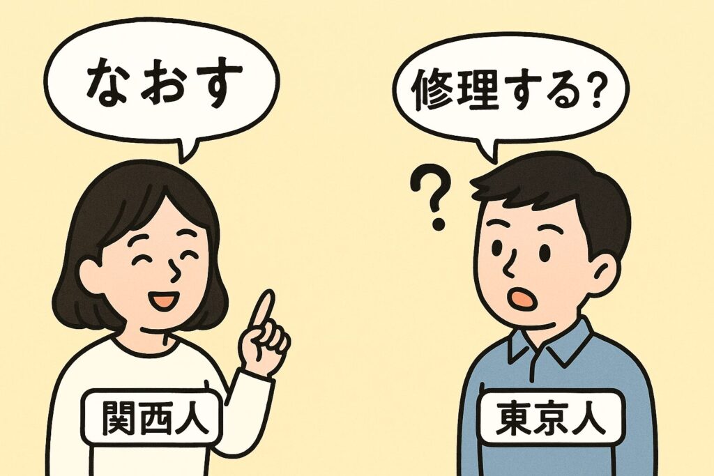 関西人が「なおす」と言い、東京人が「修理する?」と首をかしげているイラスト。方言の意味の違いを示している。