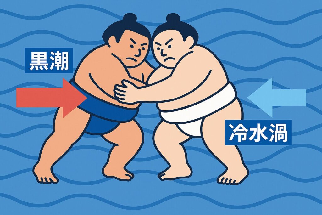 黒潮大蛇行の仕組みを擬人化したイラスト。青い横綱「黒潮」と白い力士「冷水渦」が四つ相撲を取り、赤い矢印と青い矢印で両者の力の拮抗を表現している。