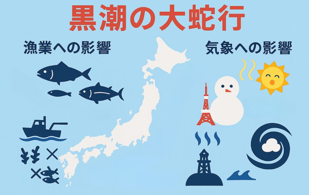 黒潮大蛇行が日本列島に及ぼす影響を示すインフォグラフィック。左側に漁業への影響（魚群、漁船、海藻や魚の不漁×マーク）、右側に気象への影響（東京タワーと雪だるま、蒸気、太陽、台風のアイコン）が描かれている。