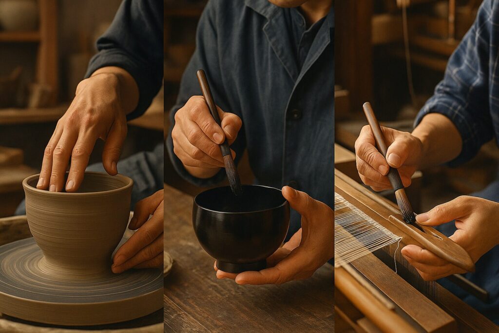 陶芸のろくろ成形、漆器への漆塗り、機織りの作業を行う職人の手元を捉えた3枚組の写真。