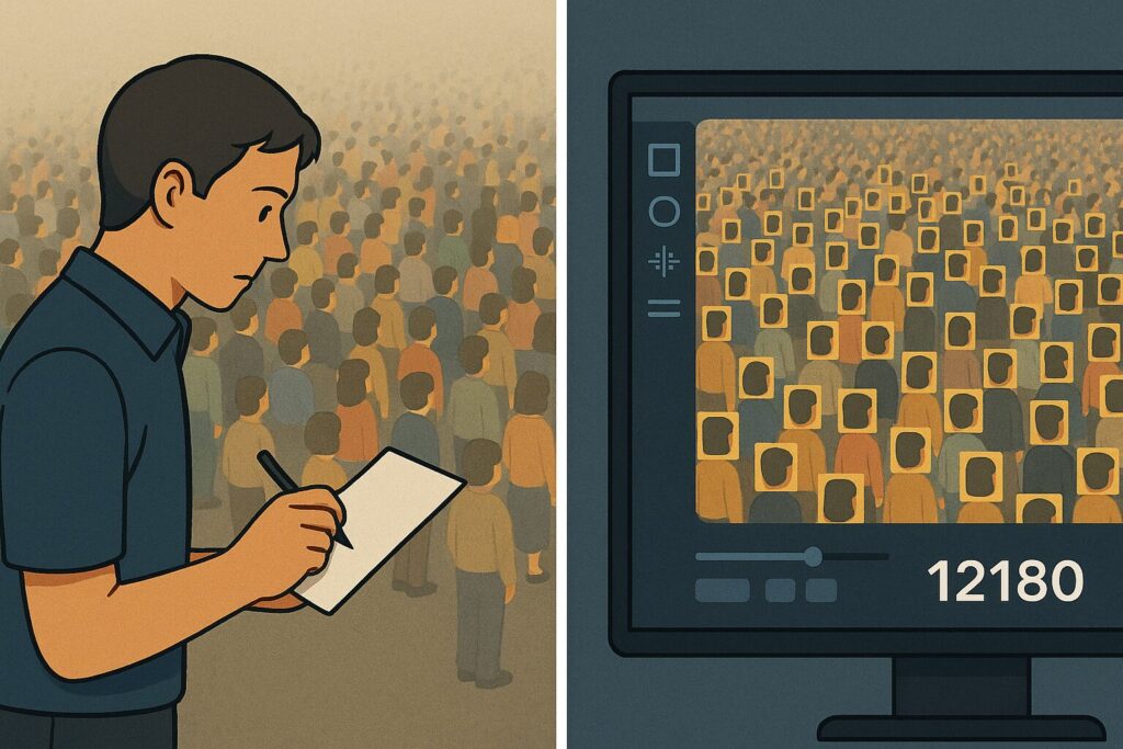 群衆を手作業で数える人と、AIが画像解析でカウントするモニター画面の対比イラスト