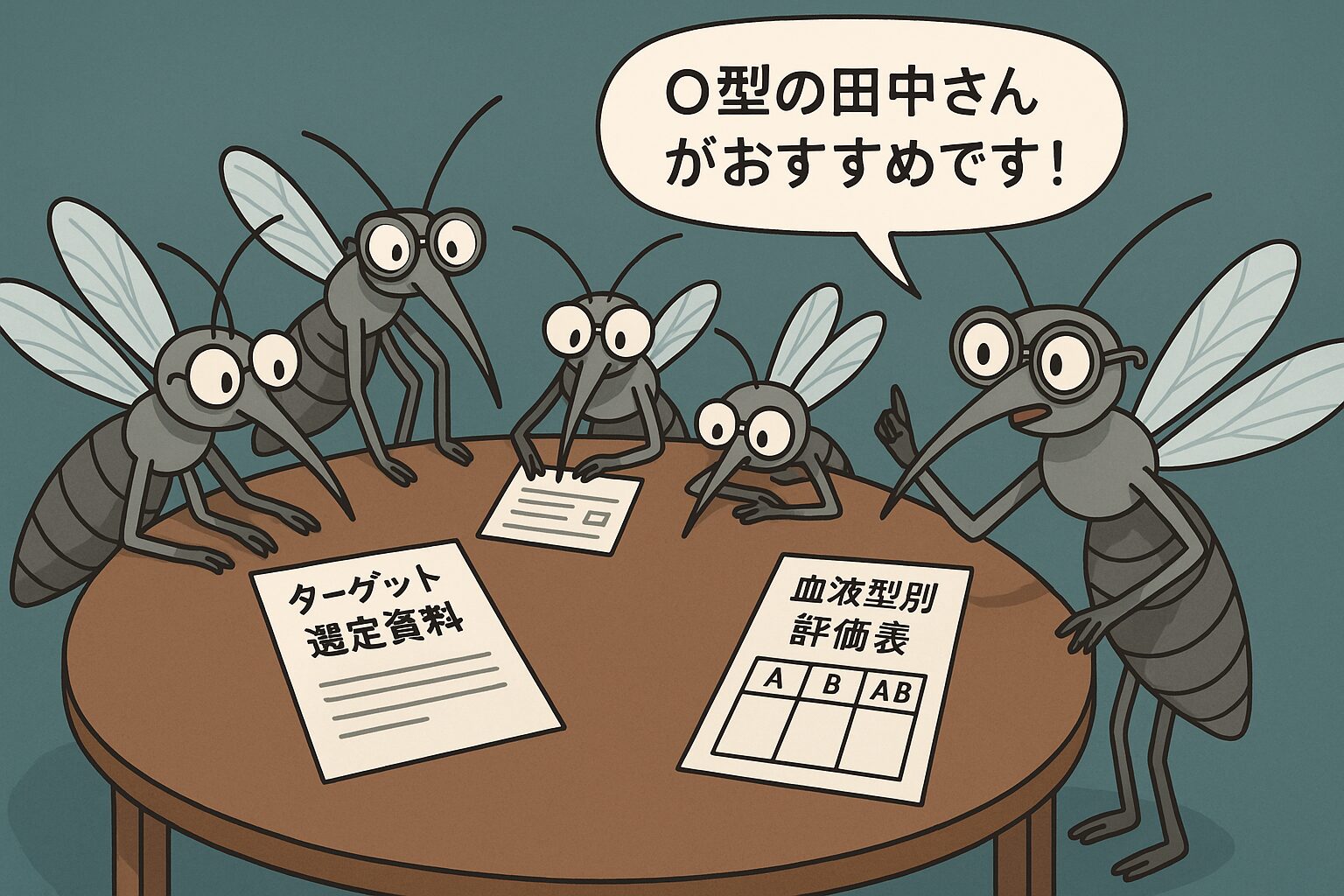 円卓を囲んで会議をする5匹の蚊のイラスト。テーブルにはターゲット選定資料と血液型別評価表が置かれ、1匹の蚊が「O型の田中さんがおすすめです！」と発言している