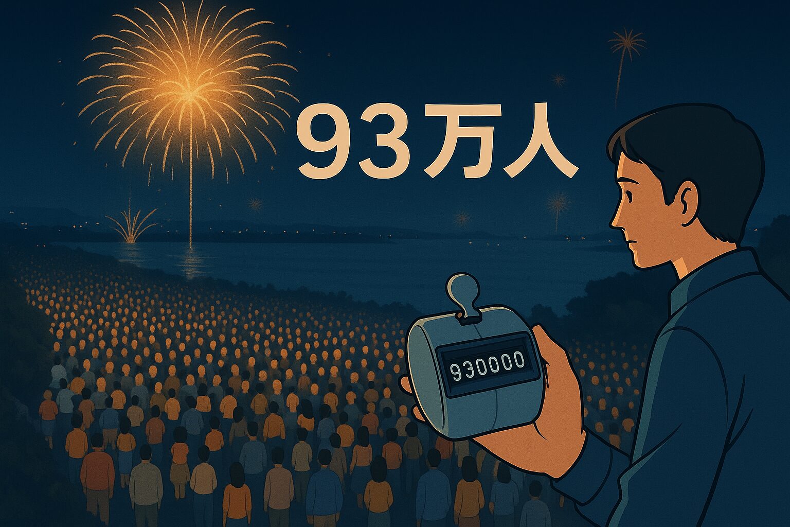 花火大会の夜、人混みを前にカウンターを持つ人物と「93万人」の文字