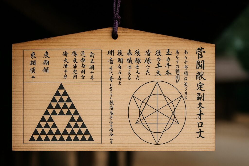 江戸時代に神社へ奉納された算額。幾何学模様が描かれ、鎖国期に独自に発展した和算の文化を示している。