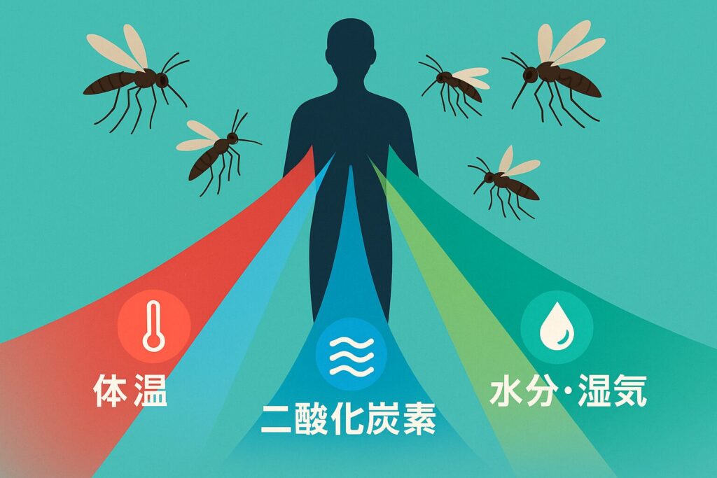 人間のシルエットから3色の光線が放射状に出ているイラスト。赤い光線は体温、青い光線は二酸化炭素、緑の光線は水分・湿気を表し、5匹の蚊がそれらの光線に向かって飛んでくる様子