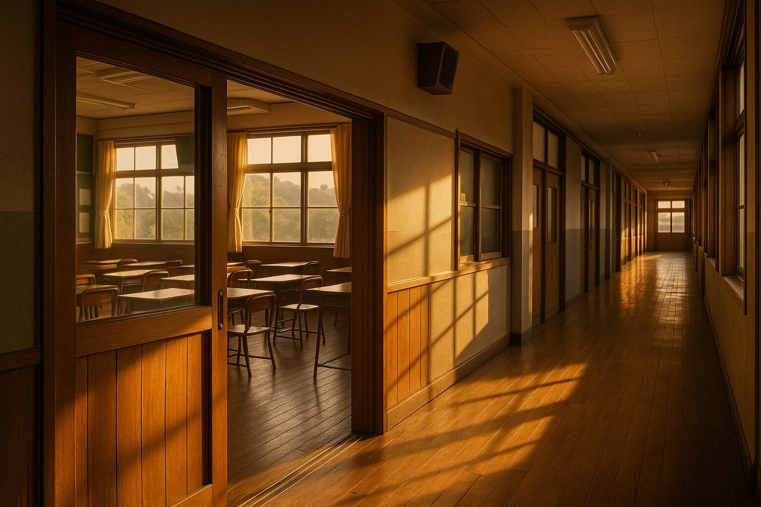 朝日が差し込む静かな学校の廊下と教室、誰もいない木造校舎の風景