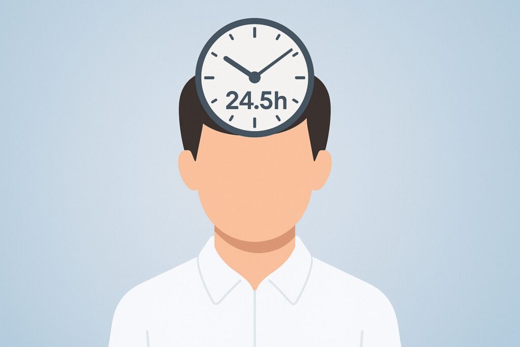 人間の頭に体内時計を象徴する時計が描かれ、「24.5h」と記されたイラスト