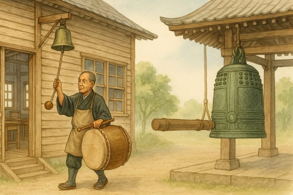 明治期の木造校舎の前で太鼓と鐘を鳴らす用務員と、隣に立つ寺の大鐘のイラスト