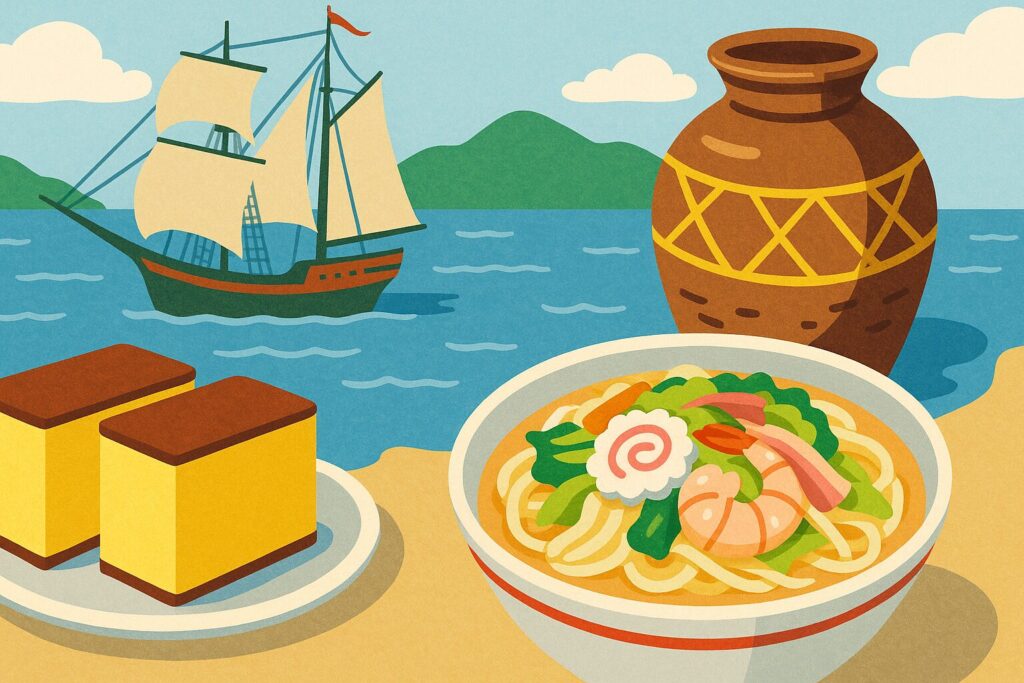 長崎港に停泊する異国船と、カステラやちゃんぽん、南蛮風の甕を描いたイラスト
