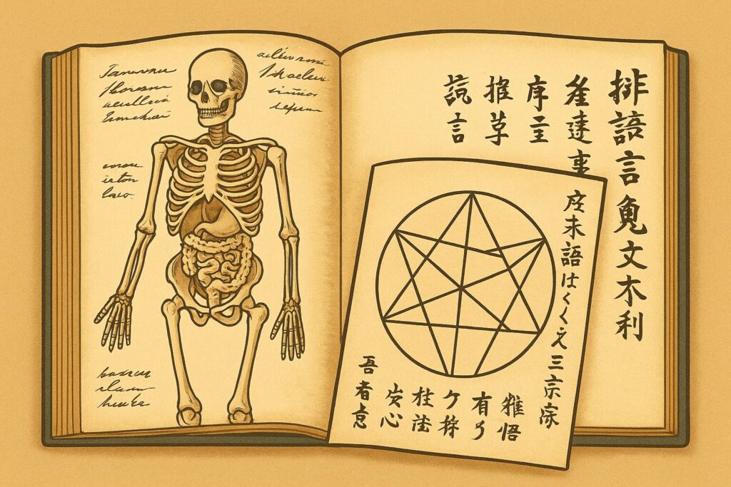 江戸時代の解剖書と和算の図を並べたイラスト。蘭学の医学知識と日本独自の数学が同時代に発展したことを象徴している。