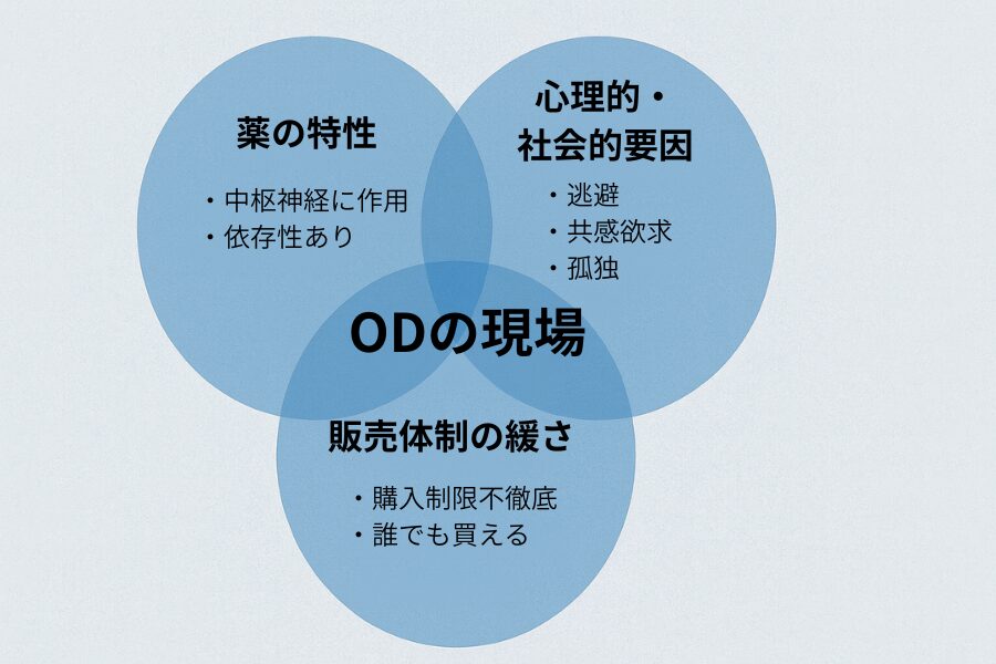 OD（オーバードーズ）の要因を「薬の特性」「心理的・社会的要因」「販売体制の緩さ」の3つの円で示したベン図